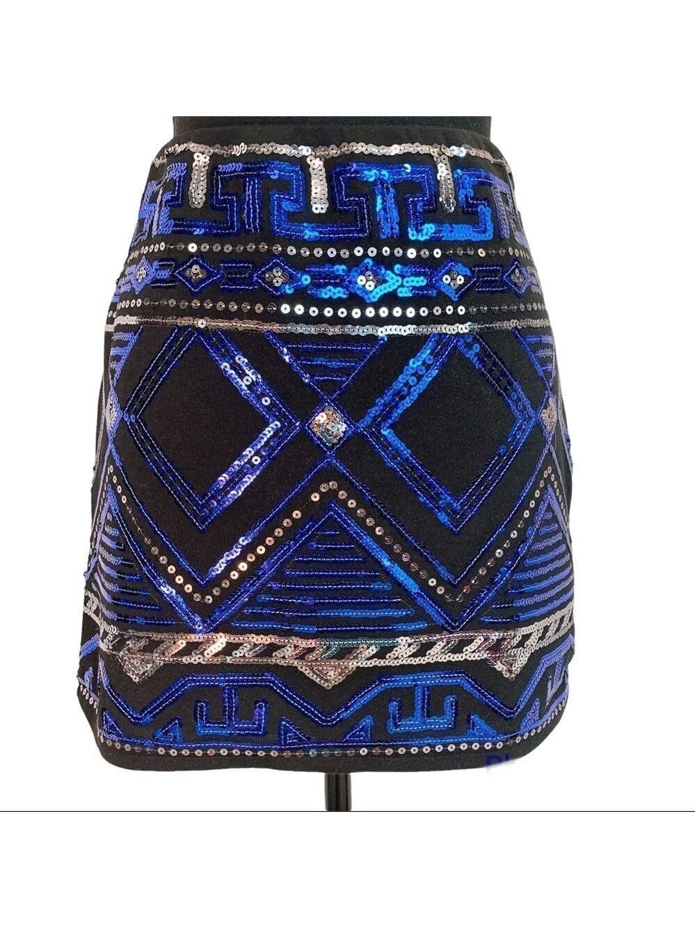 PEACHPUFF Blue Sequin Tribal Mini Skirt - S Sz